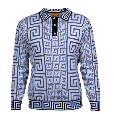 Prestige White Polo Sweaters Long Sleeves Greek Key Trim Design - Design Menswear