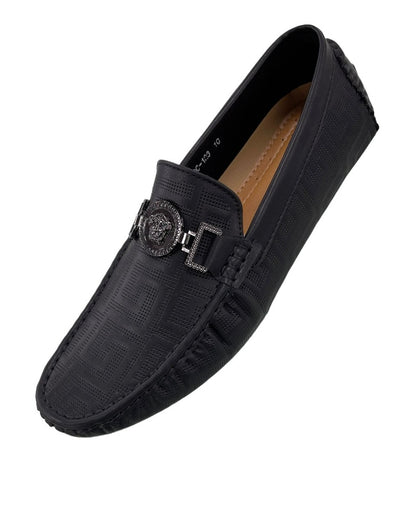 Black men's driver metal buckle printed leather loafer made by royal shoes - DESIGN MENSWEAR