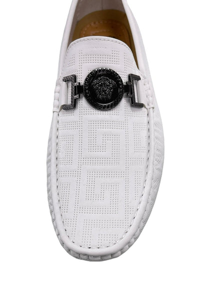 Men's White Slip On Loafer With Black Buckle Printed Leather - Design Menswear