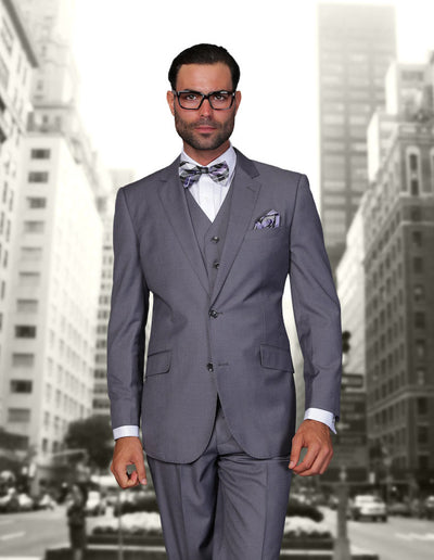 STATEMENT GRAY MEN'S TAILORED-FIT 3PC SUIT VESTED FLAT FONT PANTS 100% WOOL - Design Menswear